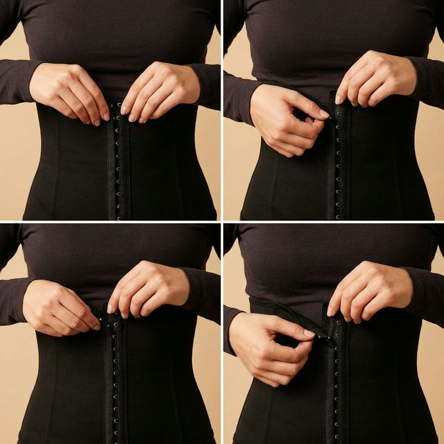 step by step guide showing how to put on and wear a waist trainer with hook closures