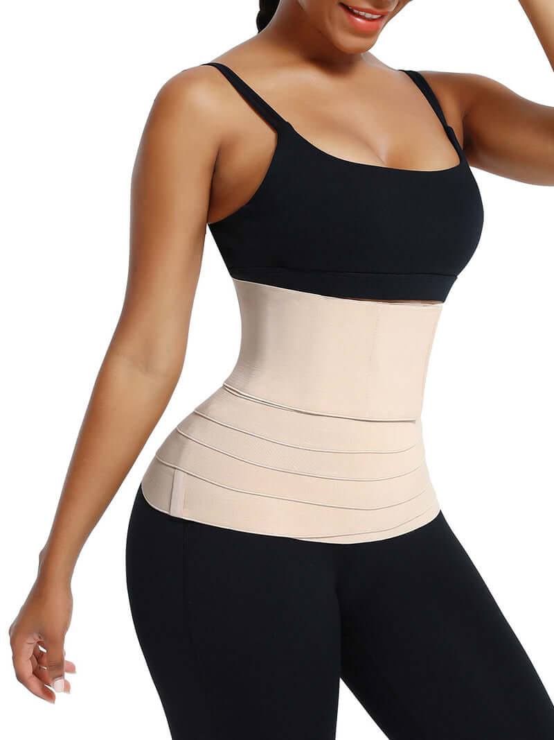 Beige compression bandage wrap worn around waist - front view