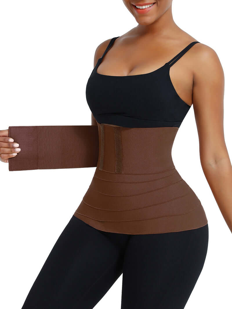 Brown compression bandage wrap worn around waist - side view showing velcro