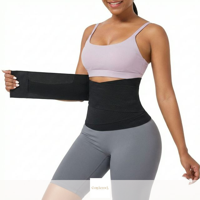 Curvaceous Velcro Compression Wrap - Black woven elastic waist bandage being wrapped around waist